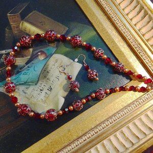 Handcrafted artisanal necklace & earring set in deepest red - Bold Version
